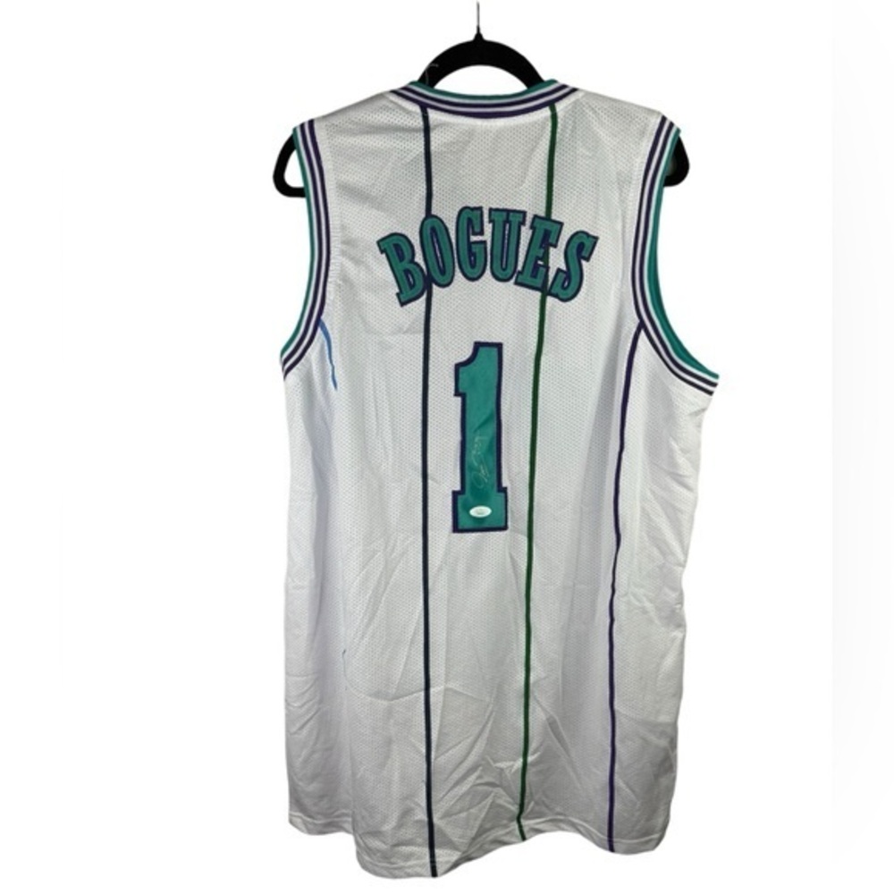 Muggsy Bogues Signed Autographed White Stripe Charlotte Basketball Jersey